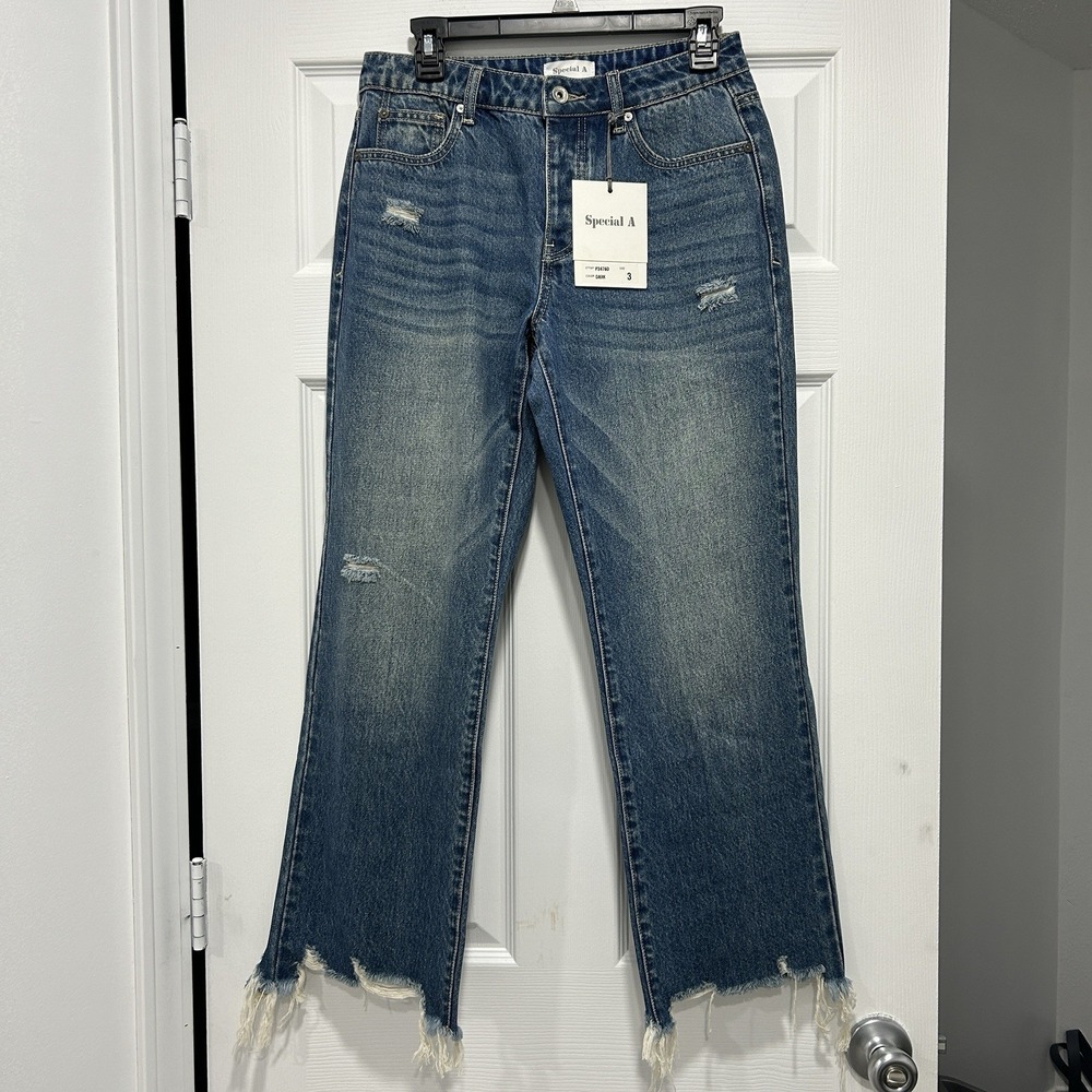 NWT‎ Special A Women's Size 3 Mid Rise Button Up Jeans Dark Wash Distressed Hem